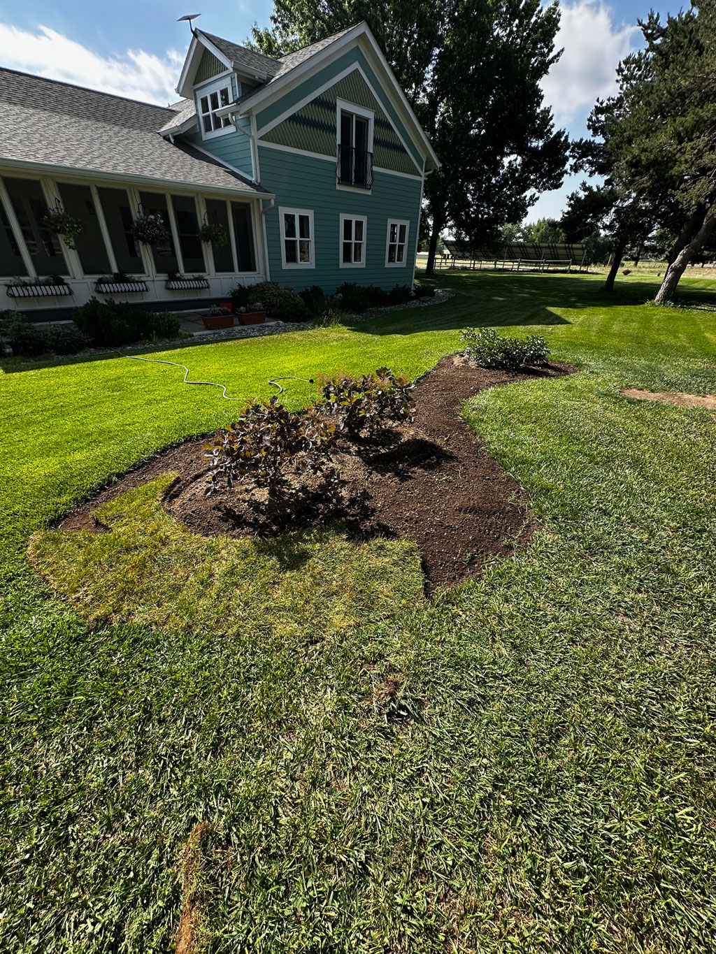 Freshly mulched island bed with view of farmhouse